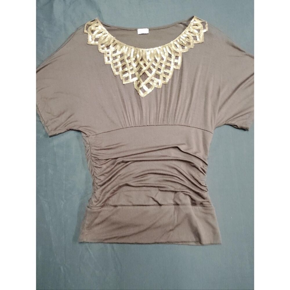 Charming Charlie Ruched Brown Short-Sleeve V-Neck Top with Gold Sequin Accents